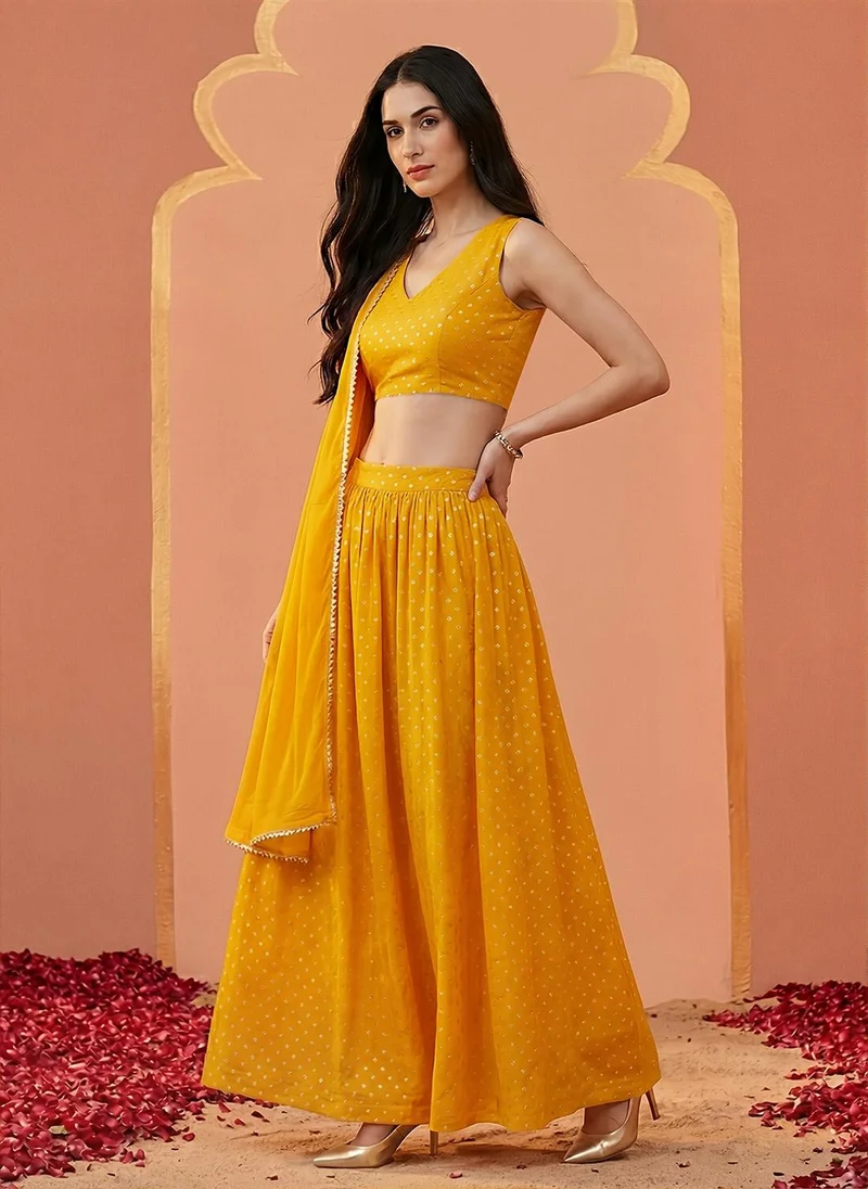 globus Mustard Globus Women Mustard V-Neck Bandhani Print Crop Top with Flared Hem Skirt & Dupatta Festive Co-Ord Set for Women | Best Price UAE